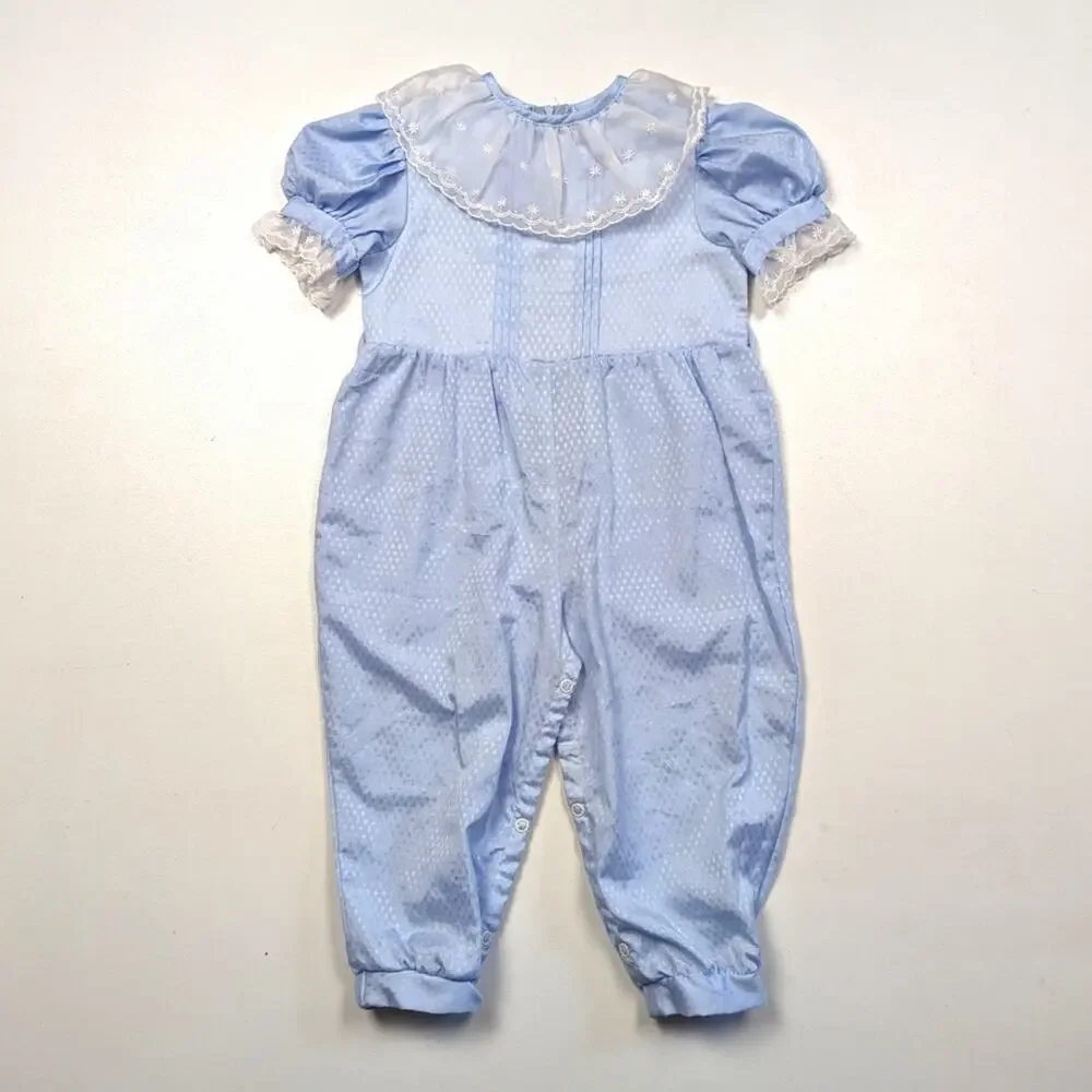 Vintage Coming Thing Jumpsuit Girls Size 18m Blue Romper Lace